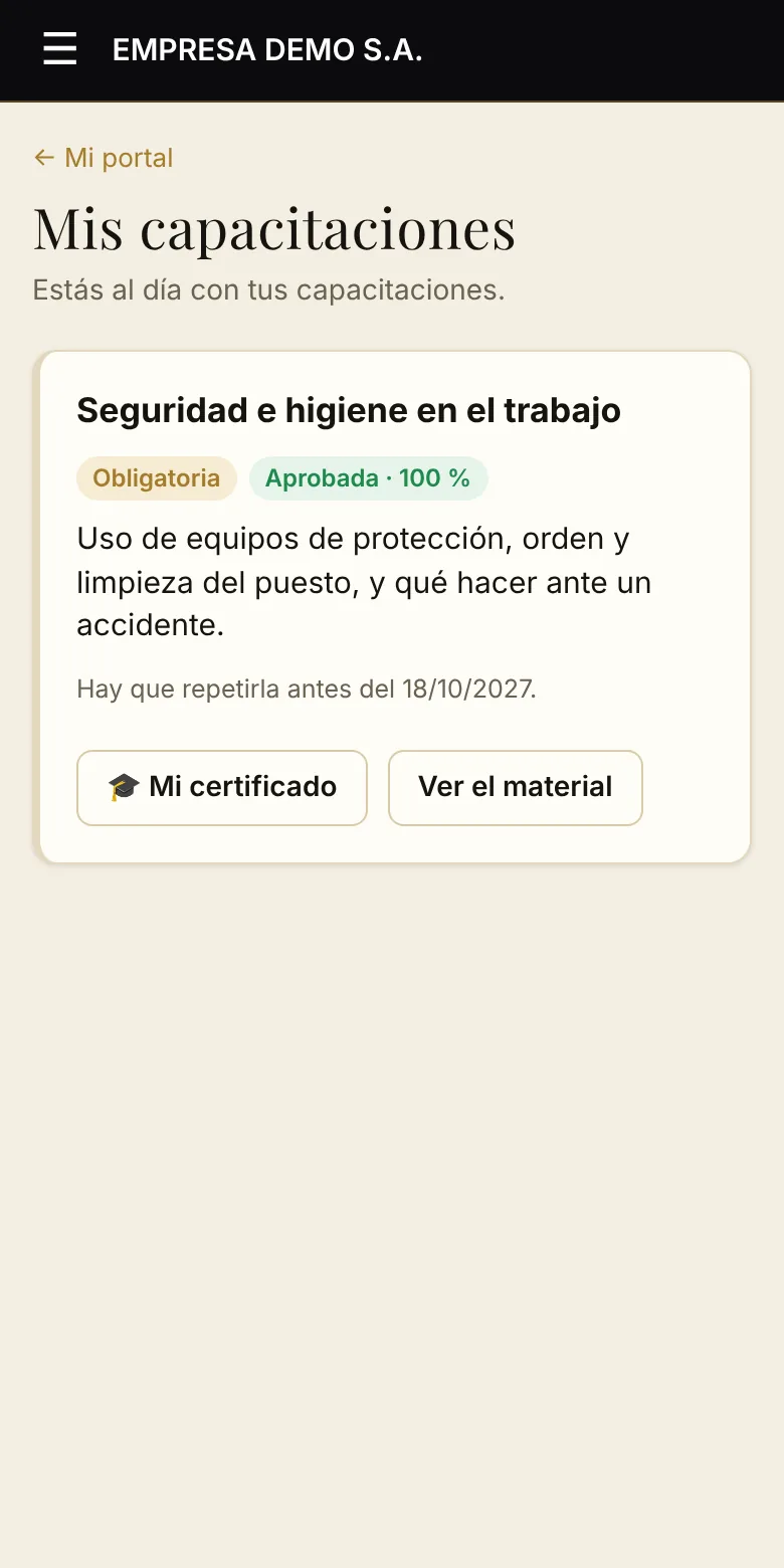 Mis capacitaciones en el celular: aprobada, con certificado y fecha de vencimiento