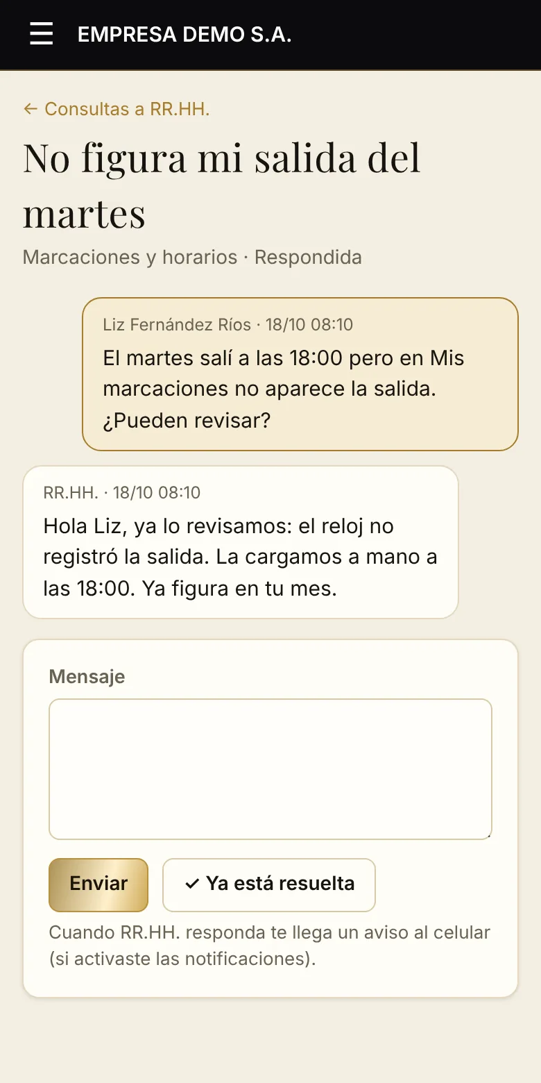 Consulta a RR.HH. desde el celular, con la respuesta de RR.HH.