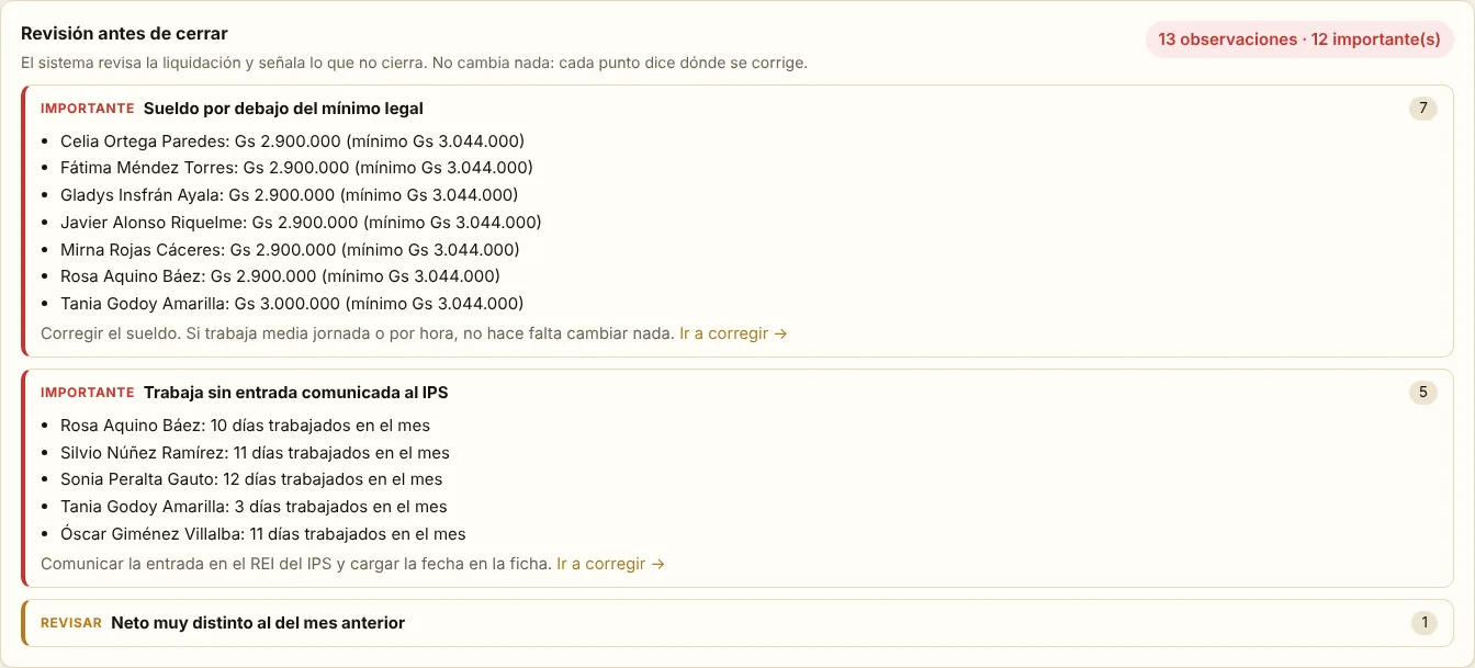Revisión de la liquidación antes de cerrar el mes, con observaciones importantes y para revisar